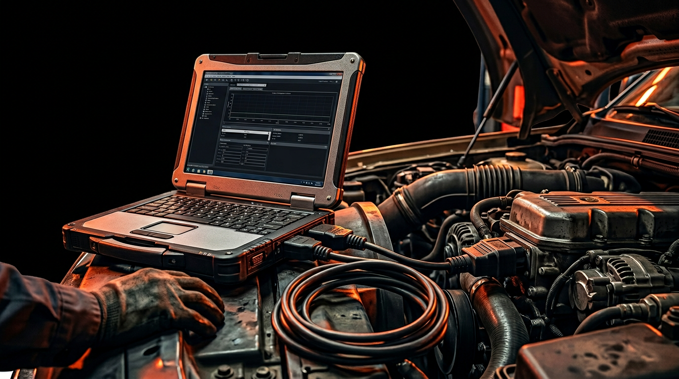 Laptop connected to diesel equipment for computer diagnostics